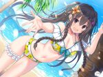  1girl :d ass_visible_through_thighs bangs beach bikini black_hair blue_sky breasts cleavage collarbone commentary day dutch_angle earrings eyebrows_visible_through_hair floral_print flower hair_between_eyes hair_flower hair_ornament hair_ribbon highres jewelry kurebayashi_noe looking_at_viewer medium_breasts mountainous_horizon navel ocean open_mouth original outdoors outstretched_arm palm_tree print_bikini purple_eyes ribbon single_garter sky smile solo standing swimsuit thighs tree tree_trunk white_bikini 