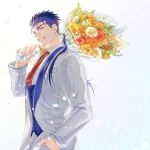  1boy absurdres blue_hair bouquet cu_chulainn_(fate) cu_chulainn_(fate/stay_night) daisy daro_maru earrings fate/stay_night fate_(series) flower formal grin hair_over_shoulder hair_strand hand_in_pocket highres holding holding_bouquet jewelry long_hair looking_at_viewer making-of_available male_focus necktie orange_flower orange_rose ponytail red_eyes red_neckwear rose smile solo suit upper_body white_background white_suit 