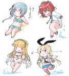  4girls bikini bikini_skirt black_hairband black_panties blonde_hair blue_sailor_collar blue_skirt blush_stickers brown_hair cargo_net chibi commentary_request crop_top elbow_gloves fletcher_(kancolle) gloves green_bikini green_skirt grey_hair hairband headgear highleg highleg_panties highres jacket kantai_collection kasumi_(kancolle) long_hair microskirt miniskirt multiple_girls net outstretched_arms panties pleated_skirt poipoi_purin sailor_collar shimakaze_(kancolle) short_hair side_ponytail simple_background sitting skirt striped striped_legwear swimsuit thighhighs traditional_media triangle_mouth underwear white_background white_bikini white_gloves white_jacket yukikaze_(kancolle) |_| 