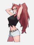  1girl adjusting_hair android_21 armpits belt black_shirt blue_eyes brown_belt dragon_ball dragon_ball_fighterz glasses grey_background kemachiku looking_away midriff navel red_hair red_ribbon_army shirt shorts simple_background solo tied_shirt white_shorts 