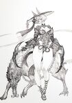  1girl absurdres animal_ears breasts chain cleavage dual_wielding hat hatching_(texture) highres holding holding_weapon jeffr legs leotard lips monster original sandals shiny shiny_skin short_hair sickle simple_background sketch solo tail traditional_clothes weapon white_background 