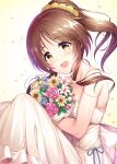  1girl absurdres bouquet brown_eyes brown_hair dress flower hair_flower hair_ornament highres holding holding_bouquet idolmaster idolmaster_cinderella_girls long_hair looking_at_viewer ment open_mouth ponytail rose shiny shiny_hair sidelocks smile solo strapless strapless_dress takamori_aiko white_dress 