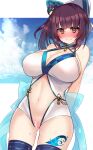  1girl @_@ bar_censor bashamichi_hagemi blush breasts brown_hair censored cleavage clothing_cutout covered_nipples cowboy_shot crotchless hair_behind_ear highres indie_virtual_youtuber kutan large_breasts looking_at_viewer navel_cutout pussy pussy_juice short_hair skirt smile solo swimsuit thigh_tattoo virtual_youtuber wavy_mouth yellow_eyes 