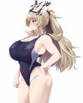  1girl bare_shoulders blonde_hair breasts cleavage collarbone competition_swimsuit covered_navel covered_nipples eyebrows_visible_through_hair fairy_knight_gawain_(fate) fate/grand_order fate_(series) green_eyes highleg highleg_swimsuit highres large_breasts long_hair namidame one-piece_swimsuit ponytail solo swimsuit thighs two-tone_swimsuit 