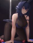  1girl absurdres all_fours animal_ears arm_strap artist_name azur_lane black_leotard bodystocking breasts cleavage eko.art fake_animal_ears highres large_breasts leotard looking_at_viewer new_jersey_(azur_lane) new_jersey_(exhilarating_steps!)_(azur_lane) official_alternate_costume playboy_bunny pole purple_eyes rabbit_ears ruby_(gemstone) see-through skin_tight solo strapless strapless_leotard stripper_pole 