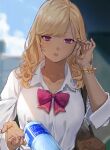  1girl adjusting_hair bag blonde_hair bottle bow bracelet collarbone dark-skinned_female dark_skin ear_clip gyaru highres jewelry keshi medium_hair nail_polish necklace nijisanji open_mouth red_eyes ribbon school_uniform solo takamiya_rion virtual_youtuber water_bottle 