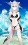  1girl absurdres ahoge animal_ears azur_lane bangs bare_legs bare_shoulders beach bikini bikini_under_clothes black_bikini black_hair black_tail blue_eyes blue_sky breasts cleavage closed_mouth cloud cloudy_sky collarbone commentary_request crossed_bangs feet_out_of_frame fox_ears fox_girl fox_tail hand_in_pocket highres jacket kawakaze_(azur_lane) long_hair looking_at_viewer multicolored_hair navel ocean off_shoulder open_clothes open_fly open_jacket open_shorts short_shorts shorts sidelocks sky small_breasts solo standing stomach swimsuit symbol-only_commentary tail thighs tsukimiya_(tsukinami15) two-tone_hair very_long_hair water waves white_hair white_jacket white_shorts white_tail 