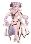  1girl bikini blue_eyes breasts cleavage draph frilled_bikini frills granblue_fantasy hair_over_one_eye highres horns large_breasts light_purple_hair long_hair looking_at_viewer low_tied_hair narmaya_(granblue_fantasy) pointy_ears solo swimsuit teriton thigh_strap white_background 