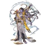  1boy black_hair blue_eyes colored_skin extra_arms gauntlets granblue_fantasy hair_ornament jewelry long_hair looking_at_viewer official_art pointy_ears purple_skin robe shiva_(granblue_fantasy) snake transparent_background very_long_hair 