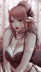  1girl au_ra bangs black_panties blue_eyes blurry blurry_background breasts brown_hair choker cleavage dragon_horns dragon_tail earrings english_commentary eyeshadow final_fantasy final_fantasy_xiv horns jewelry large_breasts lips long_hair looking_at_viewer makeup outdoors panties ponytail scales sitting solo soranamae spaghetti_strap swept_bangs tail underwear 