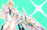  1girl absurdres aegis_sword_(xenoblade) bangs bare_legs bare_shoulders blonde_hair breasts chest_jewel cleavage cleavage_cutout clothing_cutout daive dress earrings elbow_gloves gloves highres jewelry large_breasts long_hair mythra_(xenoblade) short_dress solo swept_bangs thigh_strap tiara very_long_hair white_dress white_gloves xenoblade_chronicles_(series) xenoblade_chronicles_2 yellow_eyes 