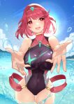  1girl absurdres bangs black_swimsuit breasts chest_jewel competition_swimsuit highres large_breasts one-piece_swimsuit pyra_(pro_swimmer)_(xenoblade) pyra_(xenoblade) red_eyes red_hair red_swimsuit risumi_(taka-fallcherryblossom) short_hair solo swept_bangs swimsuit two-tone_swimsuit xenoblade_chronicles_(series) xenoblade_chronicles_2 