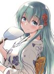  1girl absurdres alternate_costume aqua_eyes aqua_hair commentary floral_print hair_ornament hairclip hand_fan highres japanese_clothes kantai_collection kimono kokutou_nikke long_hair looking_at_viewer paper_fan smile solo suzuya_(kancolle) uchiwa upper_body white_kimono yukata 