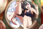  2girls admiral_graf_spee_(azur_lane) angry animal_ear_fluff animal_ears aqua_eyes armpits azur_lane background_text black_hair black_tail black_tank_top black_undershirt blush bowl breasts cat_ears cat_tail chopsticks claw_pose coaster commentary_request crossed_arms deutschland_(azur_lane) dress dress_straps eyebrows eyebrows_visible_through_hair eyes_visible_through_hair fang fetal_position highres in_bowl in_container leg_up legs_together lying medium_breasts multicolored_hair multiple_girls on_back on_side one_eye_closed open_mouth red_hair silver_hair skin_fang streaked_hair table tail tank_top thighs translation_request underwear urabesunahito white_dress white_hair white_tail yawning 