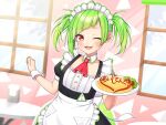  1girl apron bangs delutaya diagonal_bangs fang food frills green_hair indie_virtual_youtuber maid maid_apron maid_headdress nail_polish omelet omurice one_eye_closed open_mouth red_eyes solo tomato tomozu twintails utaite_(singer) virtual_youtuber wrist_cuffs 