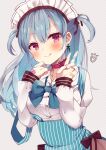  1girl :q bandaid bandaid_on_hand bangs beniko_(ymdbnk) blue_bow blue_hair blue_skirt blush bow breasts choker closed_mouth collared_shirt commentary_request diagonal_stripes dress_shirt eyebrows_visible_through_hair grey_background hair_between_eyes hands_up heart highres long_hair long_sleeves looking_at_viewer maid_headdress medium_breasts original red_choker red_eyes shirt skirt sleeves_past_wrists smile solo striped striped_background suspender_skirt suspenders suspenders_slip tongue tongue_out two_side_up v vertical-striped_skirt vertical_stripes white_shirt 