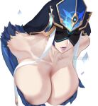  1girl absurdres blue_headwear blue_lips breast_hold breasts collarbone elbow_gloves eye_mask genshin_impact gloves gtunver hat highres huge_breasts leaning_forward mirror_maiden_(genshin_impact) open_mouth topless 