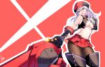  1girl absurdres alisa_ilinichina_amiella boots breasts cabbie_hat daive fingerless_gloves gloves god_eater hat highres huge_weapon large_breasts navel pantyhose plaid_headwear skirt solo suspender_skirt suspenders suspenders_slip thigh_boots thighhighs underboob weapon 