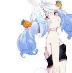  1girl animal_ear_fluff animal_ears bangs blue_hair carrot_hair_ornament commentary food-themed_hair_ornament hair_ornament hololive keyohi1837 looking_at_viewer multicolored multicolored_eyes multicolored_hair pink_eyes rabbit_ears rabbit_tail simple_background solo strapless tail tubetop twintails two-tone_hair upper_body usada_pekora virtual_youtuber white_background white_hair 