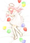  1girl balloon barefoot bed_sheet blue_eyes cochis1322 commentary dress empty_eyes flower flower_wreath from_above hair_flower hair_ornament highres just_be_friends_(vocaloid) long_hair lying megurine_luka on_side parted_lips pink_hair sleeveless sleeveless_dress solo strapless strapless_dress string string_of_fate very_long_hair vocaloid white_dress 