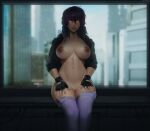  1girl abs black_gloves breasts cyberpunk dark_nipples english_commentary feet_out_of_frame fingerless_gloves ghost_in_the_shell ghost_in_the_shell_stand_alone_complex gloves highres jacket kusanagi_motoko large_breasts leather leather_jacket legs_together lips looking_at_viewer medium_hair nipples nose nyuunzi open_clothes open_jacket purple_hair purple_legwear red_eyes shirtless sitting solo thighhighs toned window windowsill 