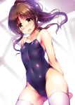  1girl blue_swimsuit blush breasts brown_hair competition_school_swimsuit covered_navel cowboy_shot flying_sweatdrops highres idolmaster idolmaster_cinderella_girls looking_at_viewer ment one-piece_swimsuit open_mouth ponytail school_swimsuit small_breasts swimsuit takamori_aiko thighhighs white_legwear 