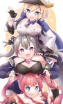  3girls absurdres azur_lane bare_shoulders black_gloves black_ribbon blonde_hair blue_collar blue_eyes blue_jacket blue_neckwear blush breast_rest breasts breasts_on_head california_(azur_lane) collar commission detached_collar eyebrows_visible_through_hair fingerless_gloves gloves grey_hair hair_horns hair_ribbon highres jacket large_breasts medium_breasts medium_hair metal_collar multicolored_hair multiple_girls purple_eyes purple_hair red_hair red_neckwear ribbon rokujou_(hinasuke00) san_diego_(azur_lane) san_francisco_(azur_lane) simple_background skeb_commission streaked_hair twintails two-tone_hair white_jacket 