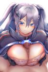  1boy 1girl azur_lane black_gloves blue_eyes breast_squeeze breasts cape censored gloves hair_between_eyes hetero highres huge_breasts intrepid_(azur_lane) long_hair looking_at_viewer mole mole_on_breast mosaic_censoring motion_blur nipples paizuri penis purple_cape purple_hair renkon_(s36tereste) simple_background torn_clothes twintails white_background 