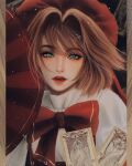  1girl 3d artist_name brown_hair card cardcaptor_sakura clow_card dress firey_(clow_card) floating_hair green_eyes hand_fan highres kinomoto_sakura kuu looking_at_viewer parted_lips realistic red_headwear red_lips red_ribbon ribbon short_hair solo sparkle upper_body watery_(clow_card) 