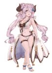  1girl bikini blue_eyes blush breasts cleavage draph frilled_bikini frills full-face_blush granblue_fantasy hair_over_one_eye highres horns large_breasts light_purple_hair long_hair looking_at_viewer low_tied_hair narmaya_(granblue_fantasy) pointy_ears solo sweatdrop swimsuit teriton thigh_strap white_background 