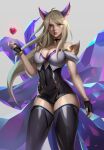  1girl absurdres ahoge ahri animal_ears bangs bare_shoulders black_legwear blonde_hair bodysuit breasts choker cleavage covered_navel cowboy_shot crystal_tail fingerless_gloves floating_hair fox_ears gloves heart highres k/da_(league_of_legends) k/da_ahri large_breasts league_of_legends leotard letsbe lips lipstick long_hair makeup multiple_tails parted_lips solo swept_bangs tail thighhighs thighs vastaya yellow_eyes 