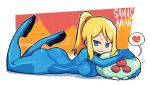  1girl absurdres ass blonde_hair blue_eyes bodysuit breasts character_name heart highres legs_up looking_at_viewer lying metroid metroid_(creature) mole mole_under_mouth on_stomach ponytail rariatto_(ganguri) samus_aran smile spoken_heart zero_suit 