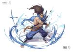  1boy armor aussummer baggy_pants blue_pants blue_scarf bracer brown_eyes brown_hair chinese_commentary closed_mouth commentary_request facial_hair fighting_stance full_body hair_pulled_back hair_strand high_ponytail highres holding holding_sword holding_weapon katana leaf league_of_legends logo long_hair looking_at_viewer male_focus muscular muscular_male no_shoes pants ponytail rope_belt scar scar_on_face scar_on_nose scarf sheath shirtless shoulder_armor shoulder_belt simple_background solo stirrup_legwear sword toeless_legwear watermark weapon white_background yasuo_(league_of_legends) 