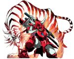  1boy animal armor blue_eyes byakuen fake_horns fire flame full_body helmet holding holding_sword holding_weapon horned_helmet horns katana looking_at_viewer male_focus nakazaki_tou one_knee pauldrons sanada_ryou sheath sheathed shoulder_armor sword tiger weapon white_background white_tiger yoroiden_samurai_troopers 