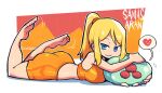  1girl absurdres ass barefoot blonde_hair blue_eyes breasts character_name crop_top feet heart highres legs_up looking_at_viewer lying metroid metroid_(creature) mole mole_under_mouth on_stomach ponytail rariatto_(ganguri) samus_aran short_shorts shorts smile spoken_heart toes 
