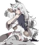  1girl animal_ear_fluff animal_ears arknights black_capelet blush braid capelet commentary_request dress foot_out_of_frame grey_eyes grey_legwear highres leopard_ears leopard_girl leopard_tail long_hair looking_at_viewer na_tarapisu153 pelvic_curtain pramanix_(arknights) simple_background sitting solo tail tail_hug thighhighs tiara wariza white_background white_dress white_hair 