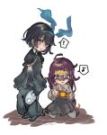  2girls :d :o ? absurdres alice_(sinoalice) bangs blue_dress blue_eyes blue_gloves blue_hair botan_yuduki bow bowtie doll dorothy_(sinoalice) dress elbow_gloves floor full_body glasses gloves grey_jacket grey_skirt hair_between_eyes hair_ornament hairpin handheld_game_console headband highres holding holding_doll holding_handheld_game_console jacket leggings long_hair long_sleeves multiple_girls musical_note open_mouth purple_hair red_eyes seiza short_sleeves simple_background sinoalice sitting skirt smile spoken_musical_note spoken_question_mark standing white_background younger 