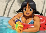  1girl arung_samudra_(cessa) bikini black_eyes black_hair breasts cessa cleavage dark-skinned_female dark_skin hair_between_eyes innertube leaf looking_at_viewer ombok_diving_and_delivery_services open_mouth partially_submerged shadow smile solo swimsuit tree twintails upper_body water water_gun 