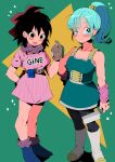  2girls ankle_boots arm_at_side arm_behind_back armor bangs bare_arms belt black_eyes black_hair black_legwear blue_eyes blue_footwear blue_hair blunt_bangs blush_stickers boots brown_belt brown_gloves bulma butcher_knife character_name closed_mouth clothes_writing collarbone cosplay costume_switch dragon_ball dragon_ball_(classic) dragon_ball_minus dragon_ball_super dragon_ball_super_broly dragon_radar dress eyebrows_visible_through_hair eyelashes facing_viewer fanny_pack full_body gine gloves green_background green_skirt hair_between_eyes hair_ribbon hair_strand hair_tubes hand_on_hip hand_up high_ponytail highres holding kachu knee_boots knife legs_together loose_socks medium_hair messy_hair multiple_girls open_mouth pantyhose pink_dress pink_wristband ponytail purple_legwear purple_neckwear purple_scarf red_ribbon ribbon saiyan_armor scarf shadow short_dress side-by-side sidelighting sideways_glance simple_background skirt smile socks standing star_(symbol) starry_background striped striped_dress tareme triangle tsurime vertical-striped_dress vertical_stripes white_footwear wristband 