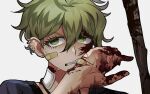  1boy amami_rantarou bandaid bandaid_on_cheek bandaid_on_face bandaid_on_neck bangs blood blood_on_face blood_on_hands commentary_request danganronpa_(series) danganronpa_v3:_killing_harmony deki_(dekiebi) ear_piercing earrings eyebrows_visible_through_hair face green_eyes green_hair hair_between_eyes hand_up highres jewelry looking_at_viewer male_focus messy_hair piercing shirt short_hair simple_background solo sweat teeth white_background wiping_face 