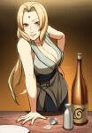  1girl alcohol assertive_female blonde_hair bottle breast_cutout breasts cleavage cup curvy drunk eyebrows facial_mark forehead_mark gradient gradient_background hand_on_table highres huge_breasts indoors japanese_clothes kimono konohagakure_symbol looking_at_viewer mature_female nail_polish naruto naruto_(series) naruto_shippuuden plate sake sake_bottle sennsu solo spill tsunade_(naruto) wooden_table 