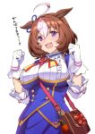  1girl ahoge animal_ears bag breasts brown_hair buttons collared_shirt erubesuto frilled_shirt_collar frills gloves grey_hair horse_ears horse_girl large_breasts meisho_doto_(umamusume) multicolored_hair purple_eyes shirt short_hair shoulder_bag simple_background solo translation_request two-tone_hair umamusume upper_body white_background white_gloves white_shirt 