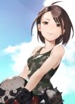  1girl akisa_(12023648) brown_eyes brown_hair camouflage_tank_top helmet highres holding holding_helmet justice_gakuen kazama_akira looking_at_viewer motorcycle_helmet skull sky solo street_fighter street_fighter_v tank_top 