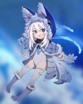  1girl :d absurdres andrius_(genshin_impact) andrius_(genshin_impact)_(cosplay) animal_ear_fluff animal_ears animal_hands animal_hood bangs blue_capelet blue_eyes blue_footwear blue_gloves blurry blurry_background boots capelet commentary_request cosplay covered_navel depth_of_field eyebrows_visible_through_hair fake_animal_ears fur-trimmed_boots fur-trimmed_capelet fur-trimmed_gloves fur-trimmed_hood fur_trim genshin_impact gloves hair_between_eyes highres hood hood_up hooded_capelet leotard looking_at_viewer open_mouth paimon_(genshin_impact) paw_gloves pigeon-toed ruo_xuan_zephyr smile solo thighhighs thighhighs_under_boots white_hair white_legwear white_leotard 