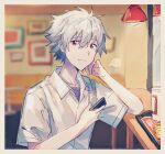  1boy ? blurry blurry_background border ceiling_light closed_mouth collared_shirt commentary_request food french_fries grey_border hair_between_eyes hajikkoneko highres indoors light_smile looking_at_viewer male_focus nagisa_kaworu neon_genesis_evangelion purple_shirt red_eyes shirt short_hair short_sleeves silver_hair solo spoken_question_mark undershirt upper_body white_shirt 
