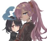  2girls alice_(sinoalice) bangs black_dress black_jacket blue_eyes blue_hair botan_yuduki cinderella_(sinoalice) closed_mouth dark-skinned_female dark_skin dress hair_between_eyes hair_over_one_eye headband jacket long_hair long_sleeves looking_at_viewer multiple_girls ponytail purple_hair red_eyes short_hair short_sleeves simple_background sinoalice smile white_background younger 