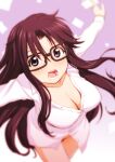  1girl blurry bottomless breasts brown_hair cleavage depth_of_field glasses long_hair looking_at_viewer naked_shirt open_mouth outstretched_arms read_or_die rectangular_eyewear sakaki_imasato shirt solo yomiko_readman 