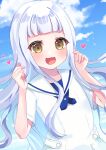  1girl :d alternative_girls bangs blue_sky blush brown_eyes cloud commentary_request day dress hands_up heart highres hiiragi_tsumugi long_hair open_mouth outdoors sailor_collar sailor_dress silver_hair sky smile solo sparkle suzu_(minagi) upper_body very_long_hair white_dress white_sailor_collar 