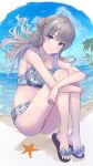  1girl bangs bare_arms bare_legs blue_sky blue_swimsuit blush breasts bubble choker cloud collarbone eno_(joqeve) eyebrows_visible_through_hair floral_print frilled_swimsuit frills highres hugging_own_legs idolmaster idolmaster_shiny_colors knees_up light_brown_hair long_hair looking_at_viewer medium_breasts nail_polish ocean outdoors palm_tree purple_eyes rose_print sandals side_bun sitting sky smile solo star_(symbol) star_bracelet star_choker starfish swimsuit toeless_footwear toenail_polish toenails tree water yuukoku_kiriko 