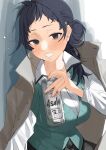  1girl absurdres asahi_breweries beer_can black_eyes black_hair can collarbone collared_shirt genderswap genderswap_(mtf) green_vest hair_behind_ear head_tilt highres holding holding_can huge_filesize looking_at_viewer nijisanji office_lady shirt side_bun sitting smile solo sugata_dski vest virtual_youtuber white_shirt yashiro_kizuku 